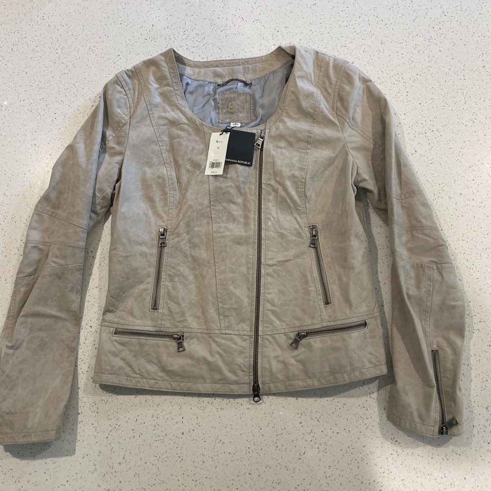 Banana Republic Leather Moto Jacket Women's Size Medium Beige NWT MSRP $350